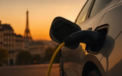 Close-up of EV charging connector with Paris city silhouette in the background