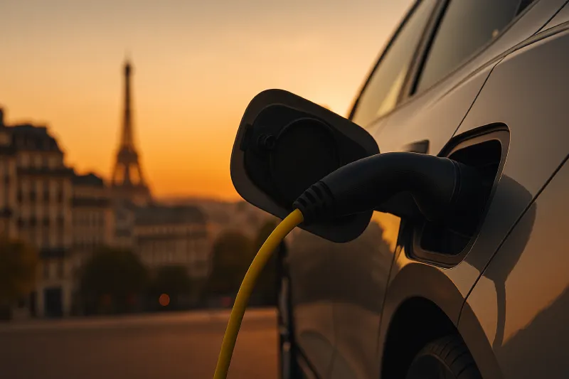 Close-up of EV charging connector with Paris city silhouette in the background
