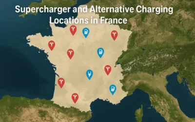 Map of France with Supercharger and alternative EV charging pins for Tesla drivers in 2025