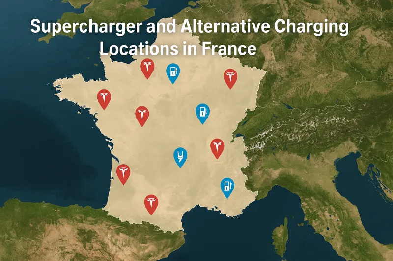Map of France with Supercharger and alternative EV charging pins for Tesla drivers in 2025