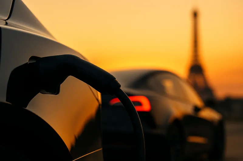Close-up of EV fast-charging connector with a Tesla-style car silhouette in France