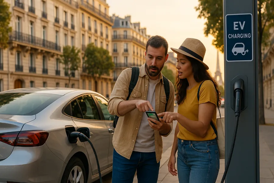 ourists next to an EV charging at a public station in Paris, highlighting easy-to-find locations